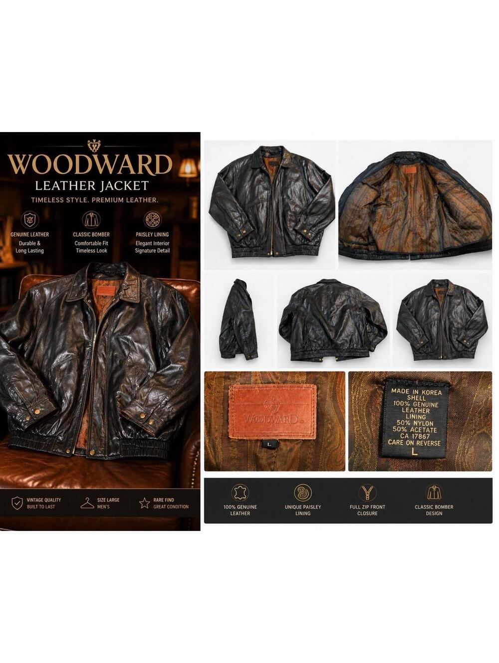 Woodward Men’s Black Leather Jacket L Bomber Style Paisley L